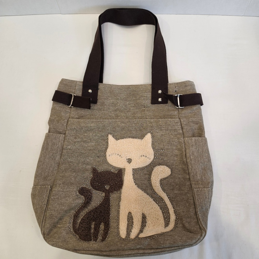 Unbranded Khaki Canvas Multi-Pocket Tote Bag with Brown Straps